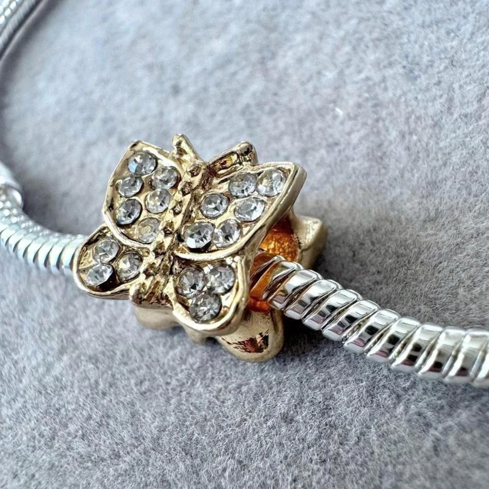 Gold Rhinestone Tone Crystal Butterfly European Bead Charm fits PANDORA